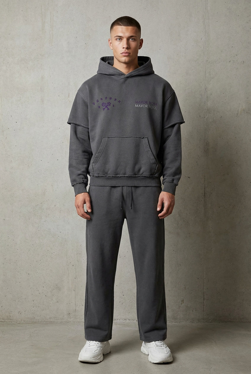 Snow Washed Raw Edge Double Layered Hoodie