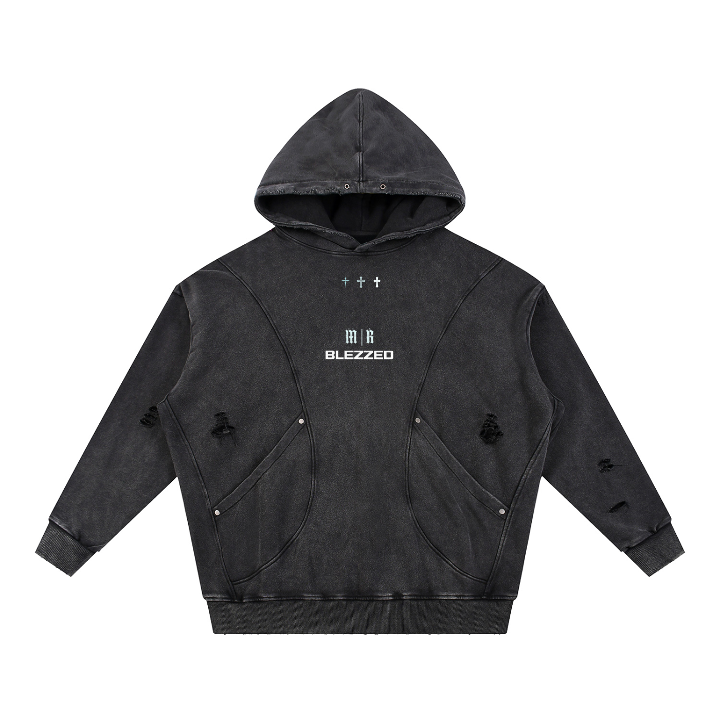 BLEZZED/PURPOSE - Snow Washed Distressed Panel Pocket Hoodie