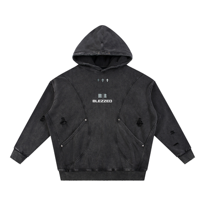 BLEZZED/PURPOSE - Snow Washed Distressed Panel Pocket Hoodie