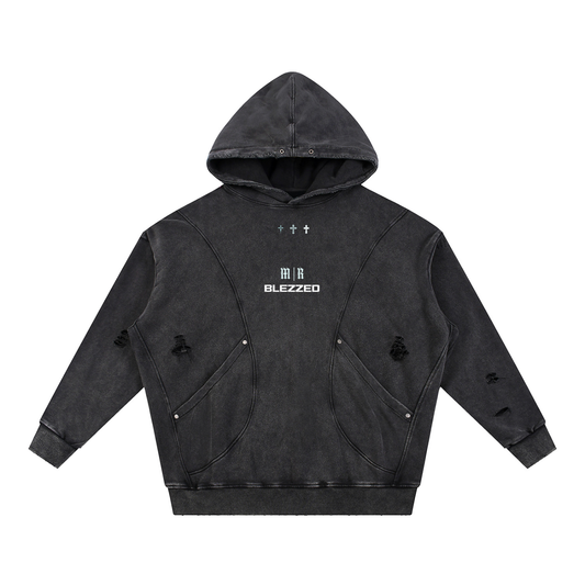 BLEZZED/PURPOSE - Snow Washed Distressed Panel Pocket Hoodie