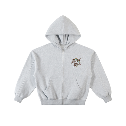 Contrast-Stitched Boxy Fleece Zip Hoodie