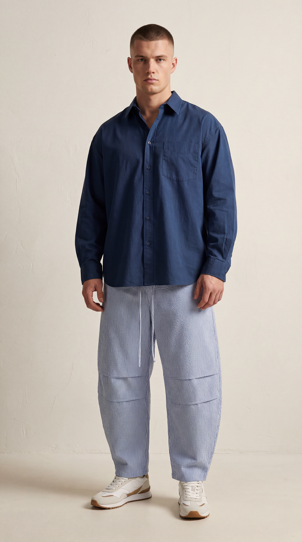 Vertical Stripe Drawstring Barrel Pants