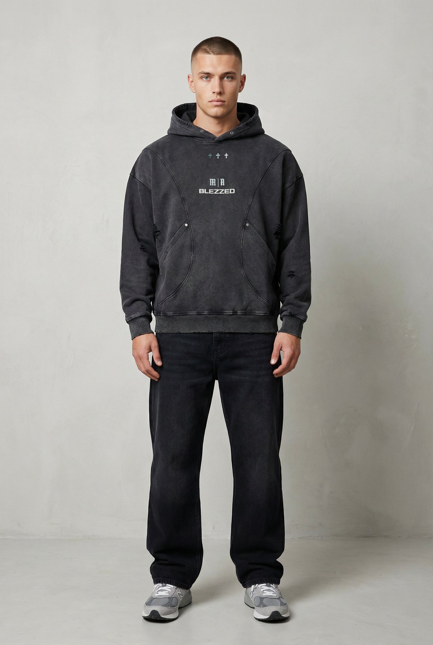 BLEZZED/PURPOSE - Snow Washed Distressed Panel Pocket Hoodie