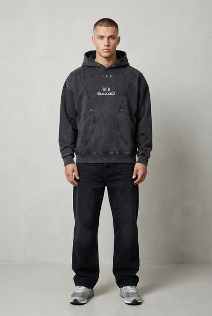 BLEZZED/PURPOSE - Snow Washed Distressed Panel Pocket Hoodie